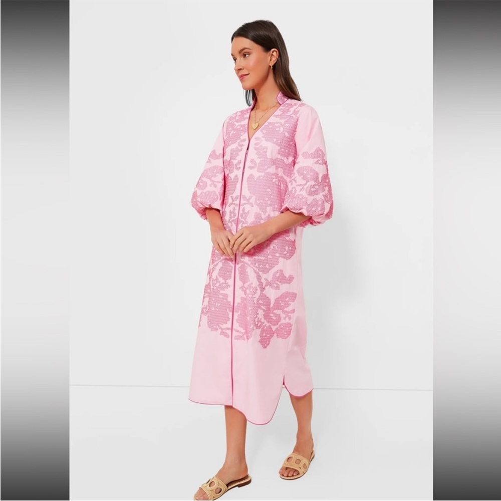 Tuckernuck Pink Resort Midi Dress with Bishop Sleeves and V-Neck - Picture 3 of 11